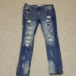 FRWD Denim Distressed Paint Spattered Blue Jeans, Men's 36 X 34.